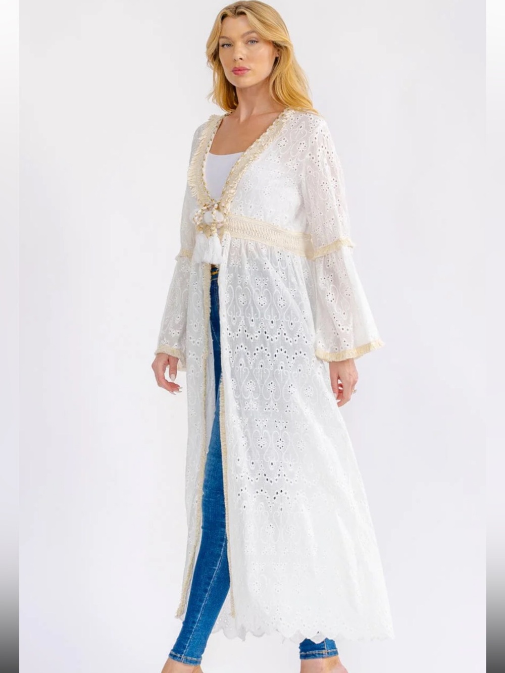 SD4-Ivory Eyelet Lace Long Kimono with Tassel Tie